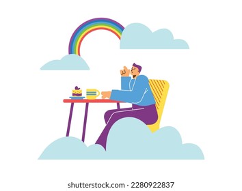 Hombre soñador se alza en nubes y arcoíris durante el desayuno, ilustración vectorial plana aislada en fondo blanco. Joven pensante pensando en algo.