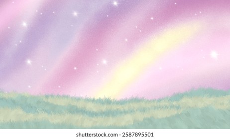 A dreamy meadow under a pastel sky with glowing stars and soft aurora hues. A peaceful nature-inspired artwork perfect for backgrounds, fantasy themes, and celestial aesthetics.