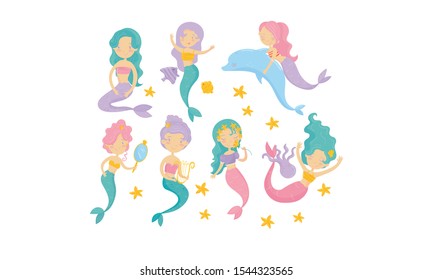 Dreamy Mermaid Characters Vector Set. Fairy Underwater Princess Swimming With Dolphin Concept