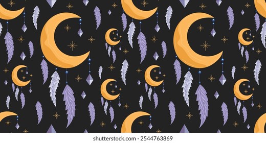 Traumhaftes minimalistisches Mondmuster mit hängenden Kristallen, zarten violetten Federn, funkelndem Stern auf schwarzem Hintergrund. Vektorzauber magische Elemente in mystischen Aura Konzept. Für spirituelle Dekoration.
