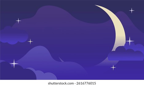 A dreamy night background featuring a soft crescent moon and fluffy purple clouds, evoking calm and imagination. Ideal for meditation apps, sleep visuals, or children's designs.