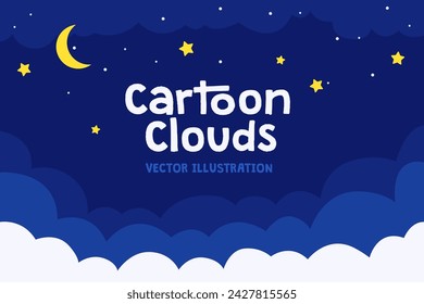 Dreamy night sky background. Cartoon style scene with white fluffy clouds, moon and stars. Relaxing cute midnight sky scenery. Starry Night, Stylish Graphic for Web, Game, Artistic Template.