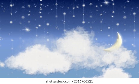 Céu noturno sonhador com nuvens, lua crescente e estrelas cintilantes penduradas como cordas. Perfeito para desenhos ou fundos caprichosos, celestes e pacíficos.