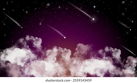 Dreamy night sky illustration featuring glowing shooting stars, fluffy clouds, and cosmic elements with a purple gradient. Ideal for fantasy themes, backgrounds, and celestial designs.