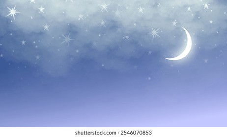 Ilustração do céu noturno com nuvens suaves, estrelas cintilantes e uma lua crescente brilhante, ideal para projetos tranquilos e mágicos.