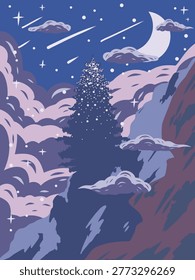Dreamy Night Sky Mountain Forest Illustration