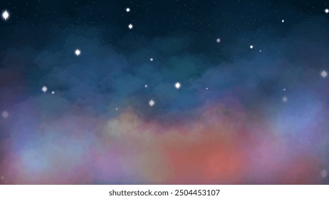 Ein verträumter Nachthimmel mit sanft leuchtenden Sternen und bunten Wolken, die sich in den Horizont vermischen. Dieser Hintergrund ruft eine ruhige, kosmische Atmosphäre hervor, perfekt für himmlische Designs und Kunstwerke.