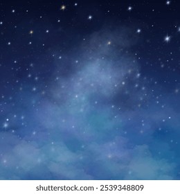 Sonhador céu noturno com estrelas cintilantes e um efeito nebuloso místico, criando um fundo calmo e etéreo para temas de espaço ou fantasia.