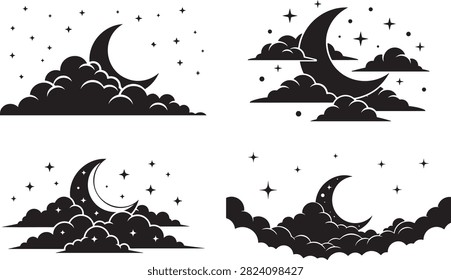 A dreamy nightscape featuring a crescent moon fluffy clouds and sparkling stars in a dark silhouette high quality. Crescent moon fluffy clouds and sparkling stars vector illustration.
