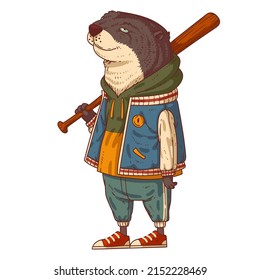 A Dreamy Otter with a Bat, isolated vector illustration. Cute anthropomorphic casually dressed otter, holding a baseball bat over his shoulder. An animal character with a human body