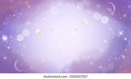 Un fondo cósmico pastel de ensueño en tonos púrpura. Este diseño cuenta con planetas, estrellas y Elementos brillantes, creando un ambiente celestial suave y caprichoso adecuado para la fantasía y la temática espacial.