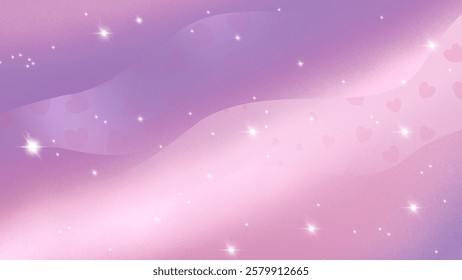 Dreamy pastel gradient background with flowing pink and purple hues, adorned with sparkling stars and soft heart-shaped patterns, creating a whimsical, romantic, and magical aesthetic.