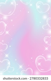 dreamy pastel gradient vector background with holographic heart shaped bubbles and sparkling glitter