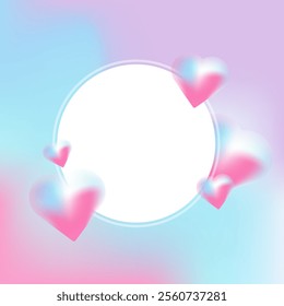 A dreamy pastel illustration with a smooth gradient backdrop and puffy hearts framing a white box for text. A minimal pastel design with 3D hearts in pink and blue gradients, perfect