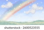A dreamy pastel landscape featuring a soft rainbow, fluffy clouds, and a starry sky. This whimsical and peaceful digital artwork is perfect for fantasy themes, children’s illustrations.