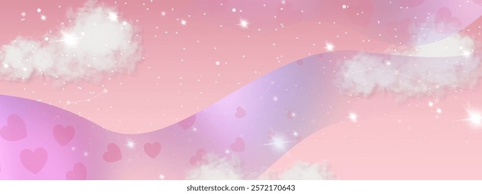 A dreamy pastel pink background with fluffy clouds, scattered pink hearts, shimmering stars, and a wavy gradient overlay, evoking love, serenity, and fantasy.