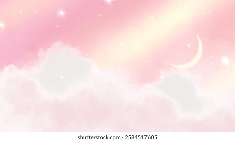 Dreamy pastel sky with soft clouds, a glowing crescent moon, and twinkling stars. A celestial fantasy background perfect for peaceful, magical, and cosmic-themed designs.