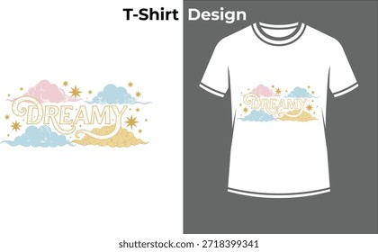 Ilustración vectorial de la camiseta de la tipografía pastel del sueño, diseño del texto de la nube con las estrellas para el cielo de la fantasía, el sueño, y la imaginación suave.