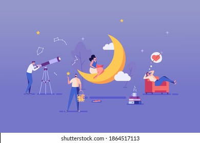 Dreamy people dreaming and making wish. Astronomer watching constellations with telescope. Young woman reading book sitting on Moon. Concept of dreaming, relaxation, dream visualization, makes wishes