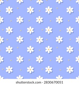 Dreamy periwinkle floral seamless pattern with white flower blossoms and delicate shadow effect. Great for serene nursery wallpaper, sweet packaging, feminine fashion, and notebook covers