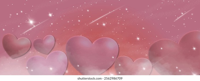 Dreamy pink background with floating hearts, sparkling stars, and gentle gradients. A perfect design for Valentine’s Day, romantic themes, or love-inspired creative projects.