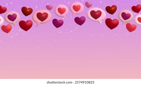 A dreamy pink gradient background adorned with heart shapes and speech bubbles, symbolizing love, romance, and heartfelt communication under a sparkling sky.