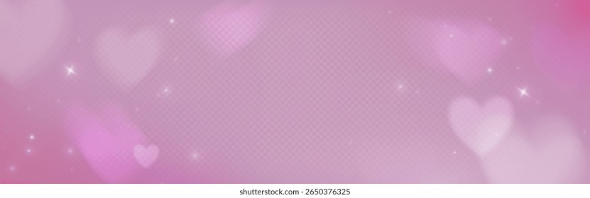 Dreamy pink heart filter background with sparkling stars and soft bokeh lights. Romantic gradient texture with floating symbols and glowing particles for valentine cards or love themed designs.