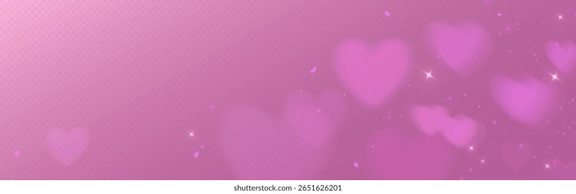 Dreamy pink heart filter background with sparkling stars and soft bokeh lights. Romantic gradient texture with floating symbols and glowing particles for valentine cards or love themed designs.