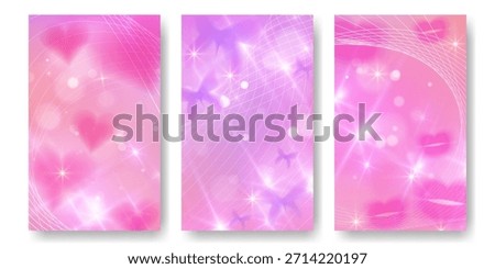 Dreamy pink y2k anime background with sparkles and soft pastel gradients. Vector illustration of fantasy manga sky backdrops, romantic bokeh hearts and butterflies, cute abstract wallpaper background