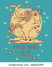 dreamy poster for good night with stars and unicorn, blue and gold colors, vector illustration