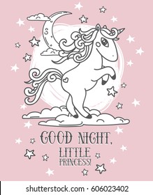 dreamy poster for good night with stars and unicorn, pink color, vector illustration