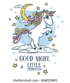 dreamy poster for good night with stars and unicorn, vector illustration