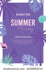 Dreamy Purple Summer Party Poster with Palm Trees and Shells