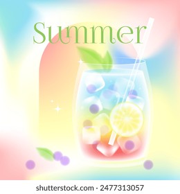 Cóctel de verano de arco iris de ensueño con cubos de hielo de menta de limón y bayas sobre un fondo borroso. Medios de comunicación social post Plantilla con texto de verano. Vector ilustración de stock.