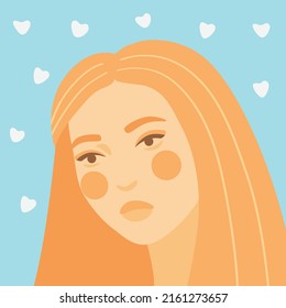 Dreamy redhead girl on blue background with hearts. Illustration for reeting card, poster, banner