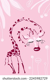 Dreamy romantic abstract silhouette of giraffe in love on pink background. Cartoon vector flat illustration.