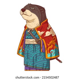 A Dreamy Samurai Otter, isolated vector illustration. Cute anthropomorphic otter, wearing a beautiful patterned kimono and keeping his sword in the scabbard. An animal character with a human body