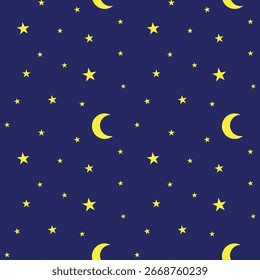 Dreamy seamless pattern: moons and stars on a blue backdrop.