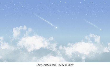 Ilustración de cielo de ensueño con suaves nubes blancas debajo de un cielo celestial azul suave. Sutiles estrellas y brillantes estrellas fugaces atraviesan la atmósfera, creando una escena tranquila y mágica llena de tranquila maravilla. 