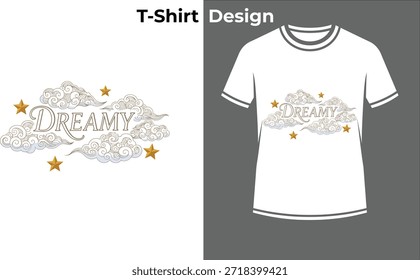 Dreamy céu tipografia t-shirt vetor ilustração, fantasia texto design com nuvens e estrelas para dormir, magia, e imaginação conceitos.