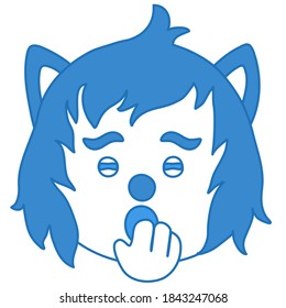 dreamy or sleepy emoticon yawning with palm covering his mouth gesture, simplistic facial expression vector illustration, wolf cartoon character, hand drawn linear icon