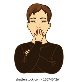 dreamy or sleepy emoticon yawning with palm covering his mouth gesture, simplistic facial expression vector illustration, men cartoon character