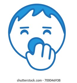dreamy or sleepy emoticon yawning with palm covering his mouth gesture, simplistic facial expression vector illustration, circle or ball shaped cartoon character, hand drawn linear icon, eps 10