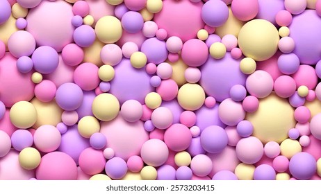 Dreamy smooth pastel spheres of different sizes in soft vibrant gentle pink yellow and purple tones. Pile of many soft bright balls background for modern decor and digital design. Vector illustration