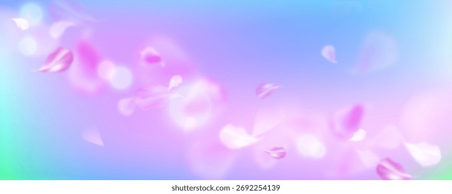 Banner primavera Dreamy com pétalas sakura e efeitos bokeh para fundos românticos. Flores rosa flutuam em gradiente roxo suave e azul com pontos de luz brilhantes. Flor de cereja para desenhos sazonais.