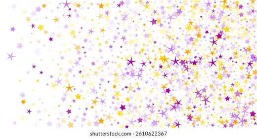 Dreamy stars outburst vector background. Christmas decor elements in purple yellow colors. Radiant star shapes pattern. Spectacle concept. Cosmic shimmer.