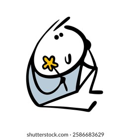 Dreamy stickman sits on the ground, holding a flower and thinking about love. Vector illustration of a carefree and kind child. Isolated character on white background.