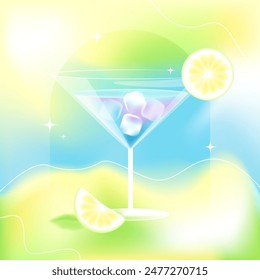 Dreamy summer cocktail with lemon and ice on a blurred background. Vector stock illustration.