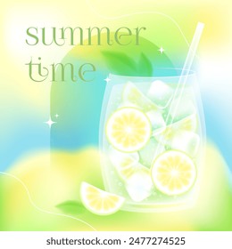 Dreamy summer cocktail with lemon mint ice cubes on blurred background. Mahito or lemonade. Media social post template with text summer time.Vector stock illustration.