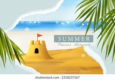 Dreamy summer memory template with tropical leaves and abstract brush stroke frame. Sand castle on the beach with blurred ocean horizon in the back.